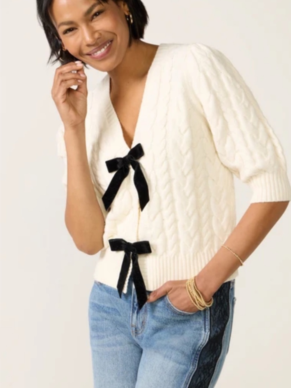 Express Cream Cable Knit V-Neck Cardigan with Black Velvet Bows